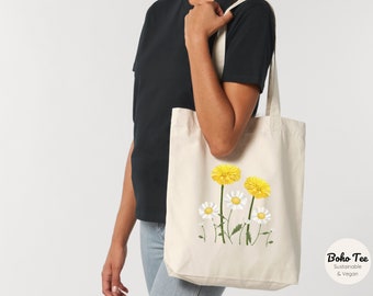 Bolso de compras con diseño de margaritas y dientes de león, delicado bolso floral con flores botánicas. Regalo de estilo cottagecore para ella, mamá, hermana