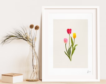 Estampado floral de tulipanes, arte mural estilo pintura de acuarela. Flor, regalo de jardinería, jardín, botánica, estilo cottagecore. Decoración de dormitorio y sala de estar