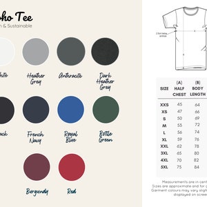 Puede incluir: Una tabla de tallas para una camiseta vegana y sostenible, que muestra las medidas en cent&iacute;metros para la mitad del pecho, la longitud del cuerpo y la longitud de la manga. La tabla incluye tallas desde la XXS hasta la 5XL. La camiseta est&aacute; disponible en 10 colores: blanco, gris jaspeado, antracita, gris jaspeado oscuro, negro, azul marino, azul real, verde botella, burdeos y rojo.
