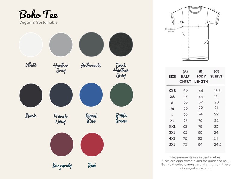 Puede incluir: Una tabla de tallas para una camiseta vegana y sostenible, que muestra las medidas en cent&iacute;metros para la mitad del pecho, la longitud del cuerpo y la longitud de la manga. La tabla incluye tallas desde la XXS hasta la 5XL. La camiseta est&aacute; disponible en 10 colores: blanco, gris jaspeado, antracita, gris jaspeado oscuro, negro, azul marino, azul real, verde botella, burdeos y rojo.