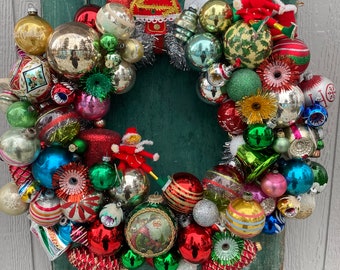 Beautiful vintage ornament Christmas/Holiday wreath for indoors, Vintage Christmas Ornament Wreath,  Vintage Red Pipe Cleaner Ornaments.