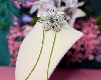 Long BEADED choker white flower wrap NECKLACE adjustable length boho fairy JEWELRY