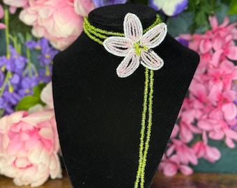 Long BEADED choker Pink Lily flower wrap NECKLACE adjustable length garden fairy JEWELRY