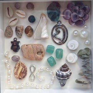 May include: A collection of natural items arranged in a square white frame, including various seashells, smooth stones, a dark metal owl charm, a silver-toned infinity symbol, three teal glass beads, white pearls, and a dried eucalyptus stem.