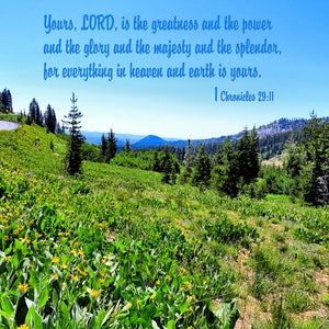 Photograph with scripture verse, mountains, Lassen National Volcanic Park, wall hanging, nature