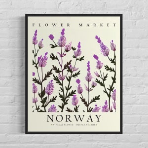 Norway National Flower, Norway Flower Market Art Print, Purple Heather 1960's Wall Art , Neutral Botanical Pastel Artwork