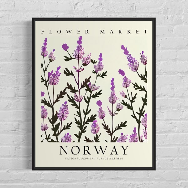 Norwegen Nationalblume, Norwegen Blumenmarkt Kunstdruck, Lila Heather 1960's Wall Art, Neutral Botanisches Pastell Kunstwerk