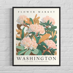 Impresión artística de flor del estado de Washington, mercado de flores, rododendro costero, arte de pared de los años 60, obra de arte botánica en tonos pastel neutros