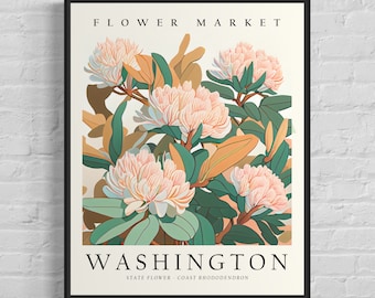 Washington State Flower, Flower Market Art Print, Coast Rhododendron 1960's Wall Art , Neutral Botanical Pastel Artwork