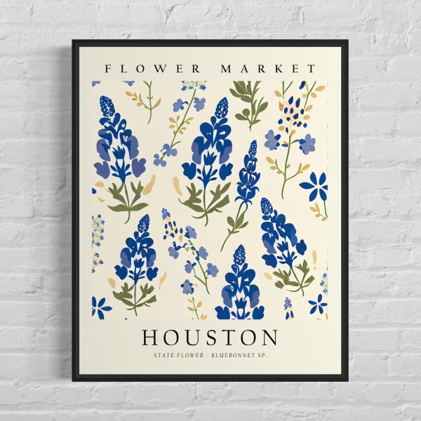 Houston Texas Flower Market Art Print, Houston Flower Wall Art, Bluebonnet Botanical Pastel Artwork