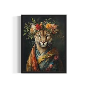 Cougar Poster Art Print, Animal Flowers in Kimono Wall Art Decor Painting Artwork