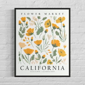 Impresión artística de flor del estado de California, mercado de flores de California, arte mural de amapolas de California de los años 60, obra de arte botánica en tonos pastel neutros