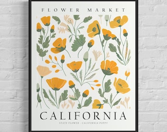 California State Flower, California Flower Market Art Print, California Poppy 1960's Wall Art , Neutral Botanical Pastel Artwork