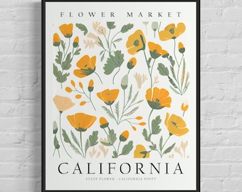 California State Flower, California Flower Market Art Print, California Poppy 1960&#39;s Wall Art , Neutral Botanical Pastel Artwork