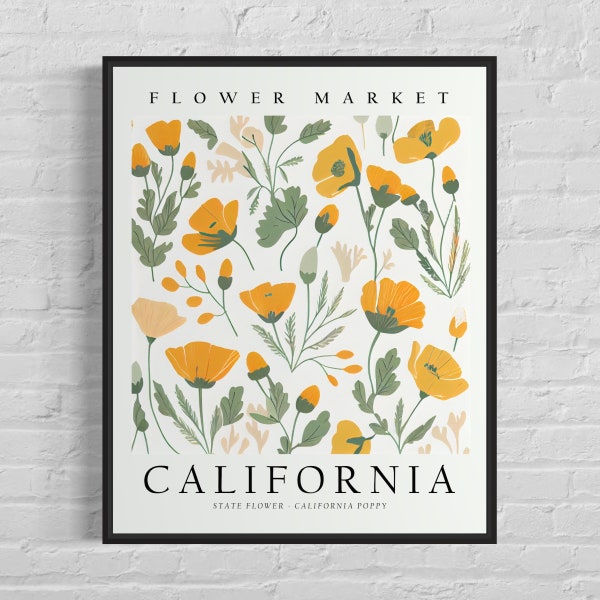 California State Flower, California Flower Market Art Print, California Poppy 1960's Wall Art , Neutral Botanical Pastel Artwork