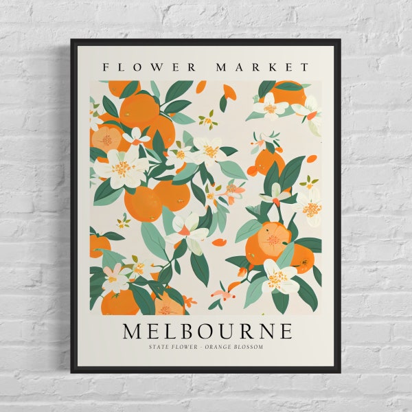 Melbourne Florida Flower Market Art Print, Melbourne Flower, Orange Blossom Wall Art, Botanical Pastel Artwork