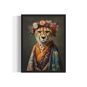Cheetah poster kunstprint, dierenbloemen in kimono muurkunst decor schilderij kunstwerk