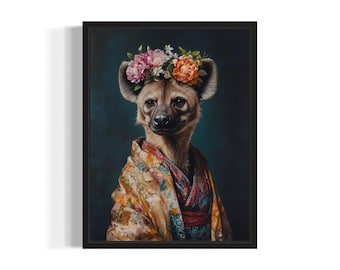 Hyena Poster Art Print, Animal Flowers in Kimono Wall Art Decor Painting Artwork