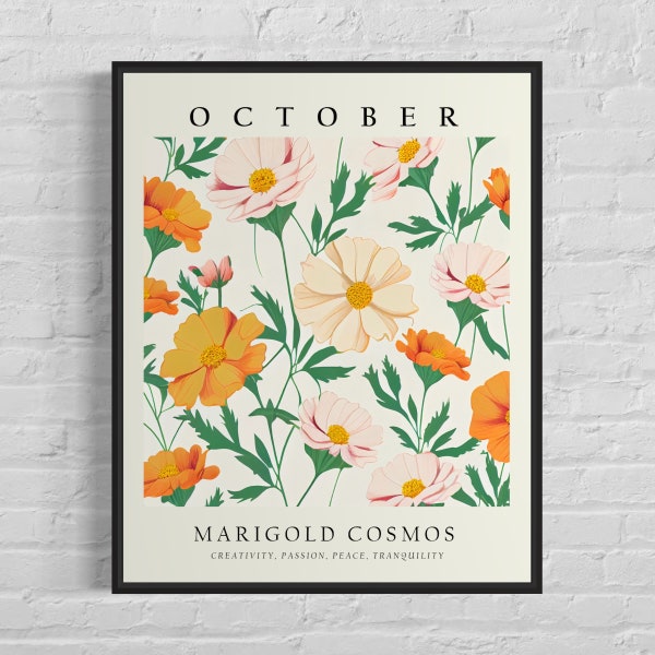 Oktober Blumenmonat Kunstdruck, Monat Oktober, Marigold Cosmos 1960's Wall Art, Neutrale Pastell Malerei