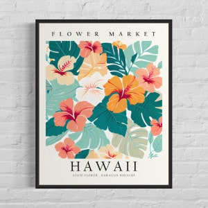 Impresión artística de la flor del estado de Hawái, mercado de flores de Hawái, arte mural de hibisco hawaiano de los años 60, obra de arte botánica en tonos pastel neutros