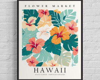 Hawaii State Flower, Hawaii Flower Market Art Print, Hawaiian Hibiscus 1960's Wall Art , Neutral Botanical Pastel Artwork