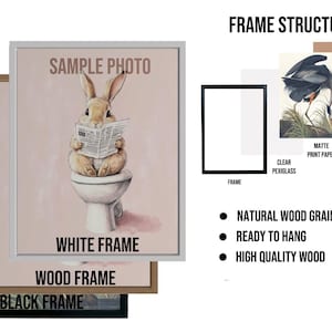 May include: A white frame with the text "SAMPLE PHOTO" and "WHITE FRAME" on a pink background. A cartoon rabbit is sitting on a toilet holding a newspaper. The frame is surrounded by a wood frame and a black frame.