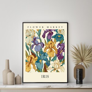 May include: A vintage-style poster featuring a colorful illustration of iris flowers. The poster has a white background with the text "FLOWER MARKET" at the top and "IRIS" at the bottom.