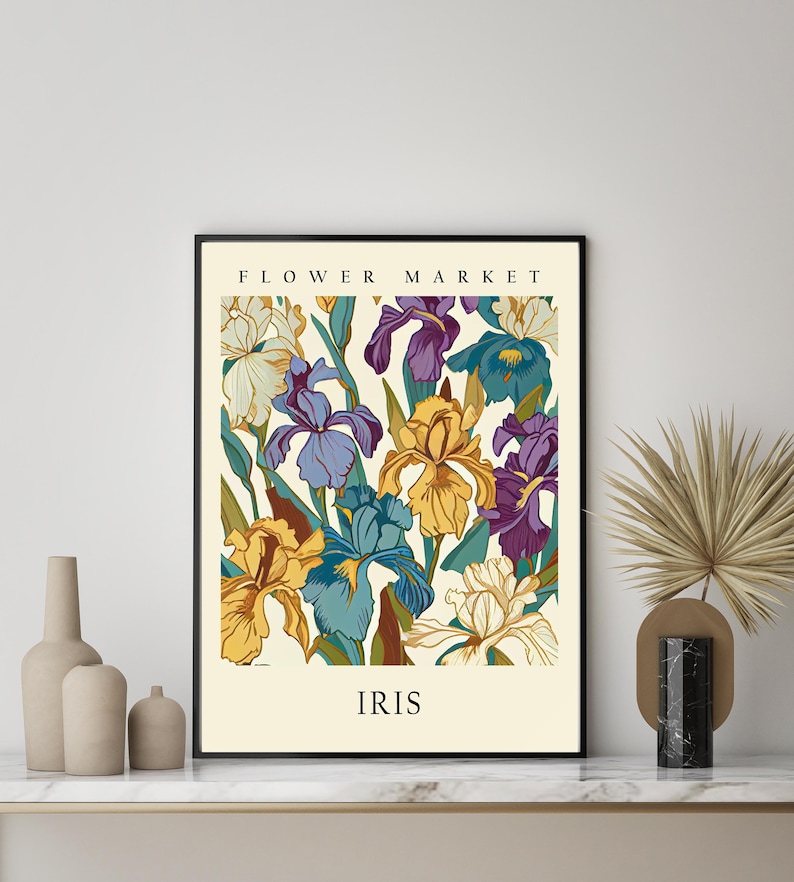 May include: A vintage-style poster featuring a colorful illustration of iris flowers. The poster has a white background with the text "FLOWER MARKET" at the top and "IRIS" at the bottom.