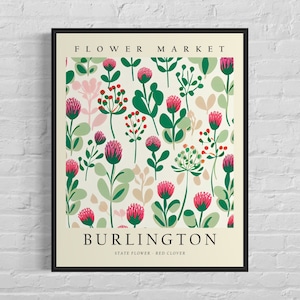 Burlington Vermont Wild Flower Market Art Print, Burlington Flower Wall Art, Red Clover Botanical Pastel Artwork