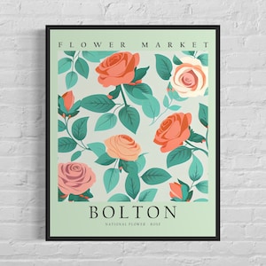 Bolton England Flower Market Art Print, Bolton Flower Poster Wall Art
