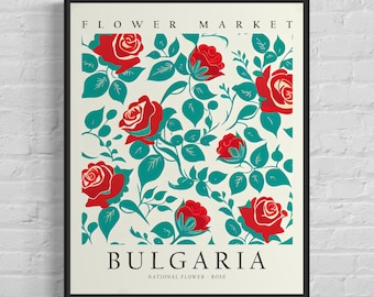 Bulgaria National Flower, Bulgaria Flower Market Art Print, Rose 1960's Wall Art , Neutral Botanical Pastel Artwork