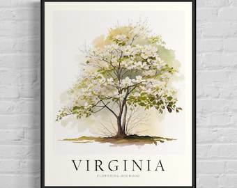 Virginia State Tree Art Print, Flowering Dogwood Tree Wall Art, State Tree Symbol Artwork