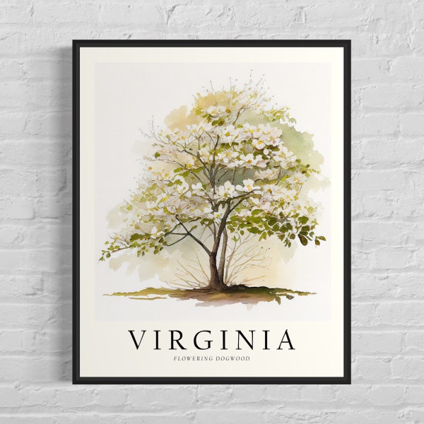 Virginia State Tree Art Print, Flowering Dogwood Tree Wall Art, State Tree Symbol Artwork