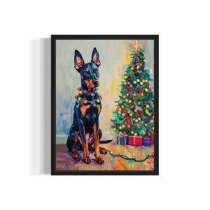 Póster de perro Doberman Pinscher enredado en luces navideñas, impresión artística, decoración de pared con animales, carteles navideños de temporada navideña