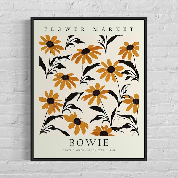 Bowie Maryland Wild Flower Market Art Print, Bowie Flower Wall Art, Black Eyed Susan Botanical Pastel Artwork