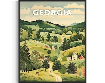 Georgië en motto landschap landschap poster kunstafdruk, Amerikaanse volkskunst muurkunst decor, naïef schilderij geschenken