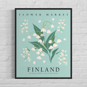 Finland National Flower, Finnland Blumenmarkt Kunstdruck, Maiglöckchen 1960's Wall Art, Neutral Botanische Pastell Malerei