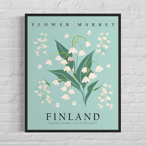 Finland National Flower, Finland Flower Market Art Print, Lily of the Valley 1960's Wall Art , Neutral Botanical Pastel Artwork