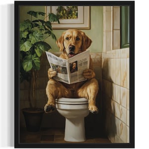 Labrador Retriever on Toilet Poster Art Print, Dog Restroom Humor Wall Art Decor, Dog Lover, Pet Bathroom Decor