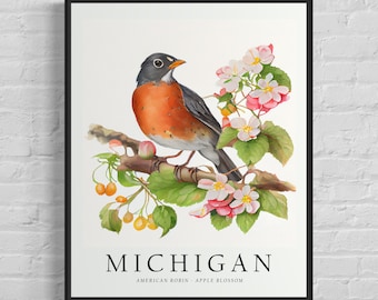 May include: A watercolor illustration of an American Robin perched on a branch with pink apple blossoms. The text "MICHIGAN" and "AMERICAN ROBIN - APPLE BLOSSOM" is below the bird.