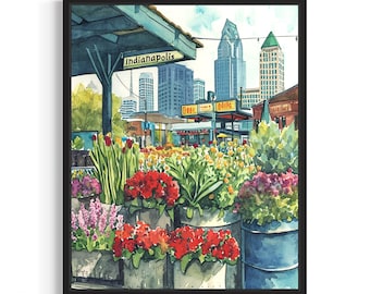 Indianapolis Flower Market Poster Art Print, Neutral Botanical Pastel Artwork Wall Art Painting Bedroom, Restroom Decor