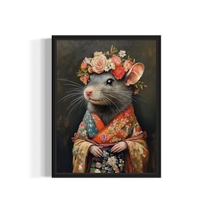 Rat Poster Art Print, Animal Flowers in Kimono Wall Art Decor Painting Artwork Bedroom Decor