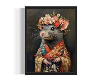 Red Ink Rat Sumi-e Painting Japanese | Digital Wall Art | Digital