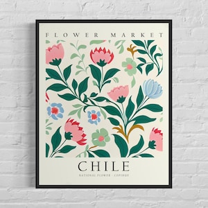 Chile National Flower, Chile Flower Market Art Print, Cophihue 1960's Wall Art , Neutral Botanical Pastel Artwork