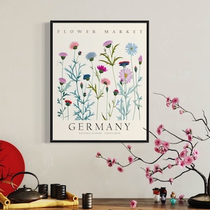 Germany National Flower, Germany Flower Market Art Print, Cornflower 1960's Wall Art , Neutral Botanical Pastel Artwork image 4