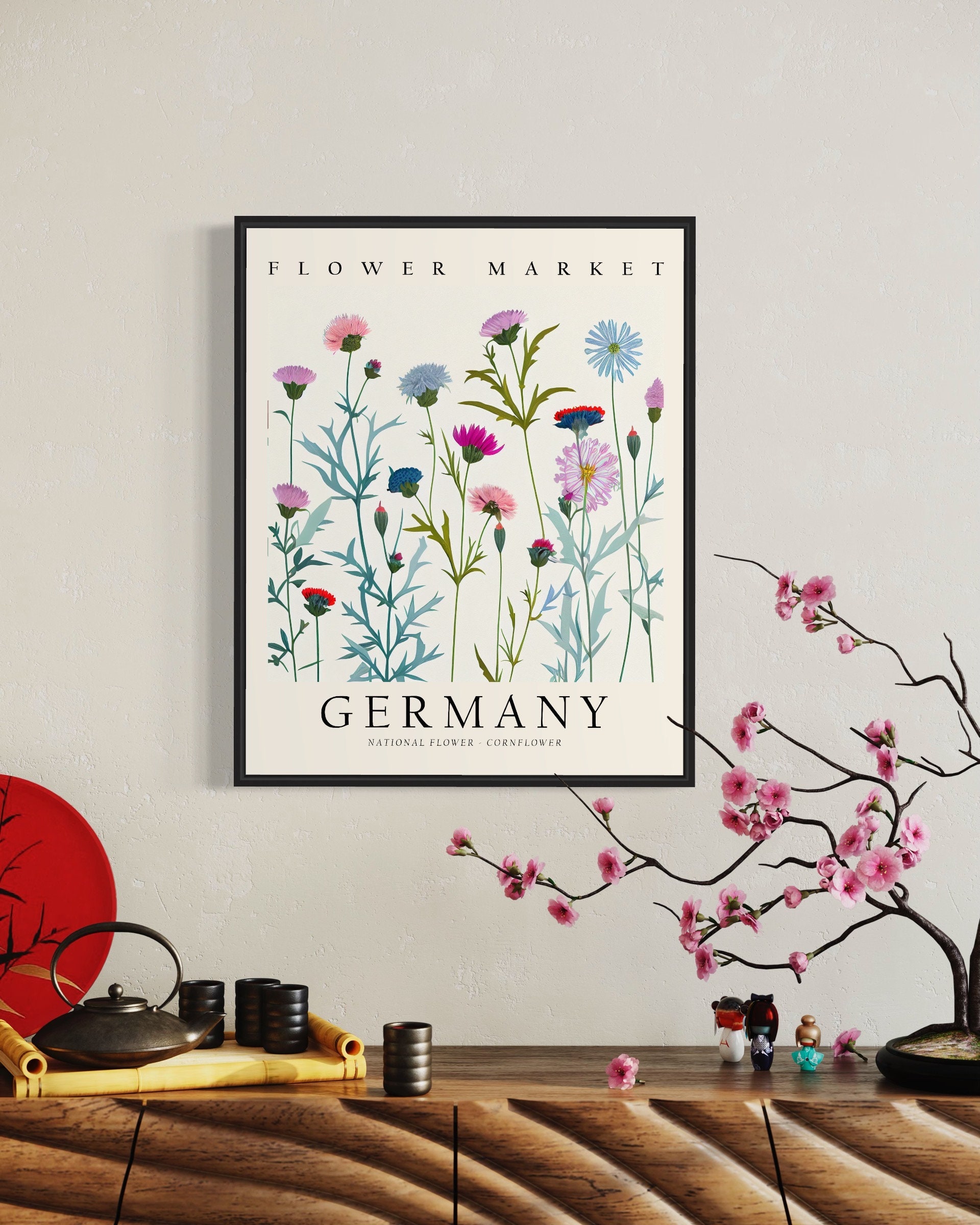 ドイツの国花、ドイツの花市場のアートプリント、1960 年代の矢車草の