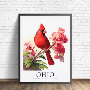 Impresión artística de pájaro del estado de Ohio, flor del estado de Ohio, arte de pared de Ohio, decoración del hogar