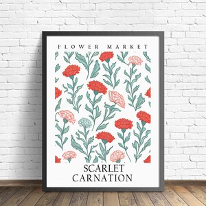 Scarlet Carnation Flower Market Art Print, Scarlet Carnation Wall Art, Botanical Pastel Artwork