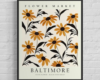 Baltimore Maryland Wild Flower Markt Kunstdruck, Baltimore Blume, Black Eyed Susan Wandkunst, Botanische Pastell Kunstwerk