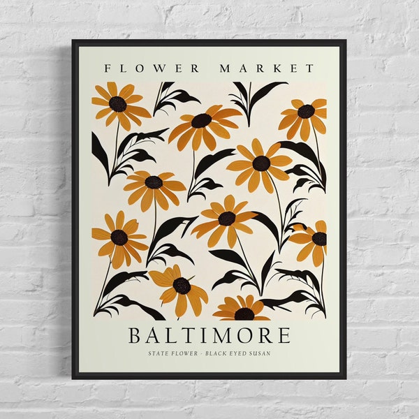 Baltimore Maryland Wild Flower Market Art Print, Baltimore Flower, Black Eyed Susan Wall Art, Botanical Pastel Artwork